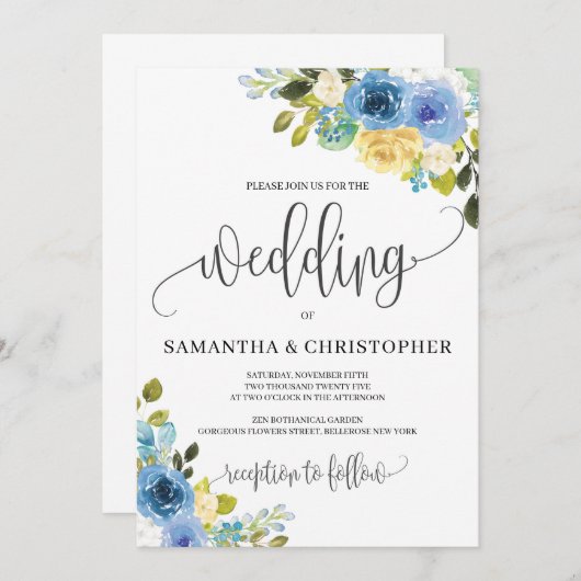 ロマンチックな素朴な青い黄色のフローラ結婚ボホー 招待状 (正面/裏面)