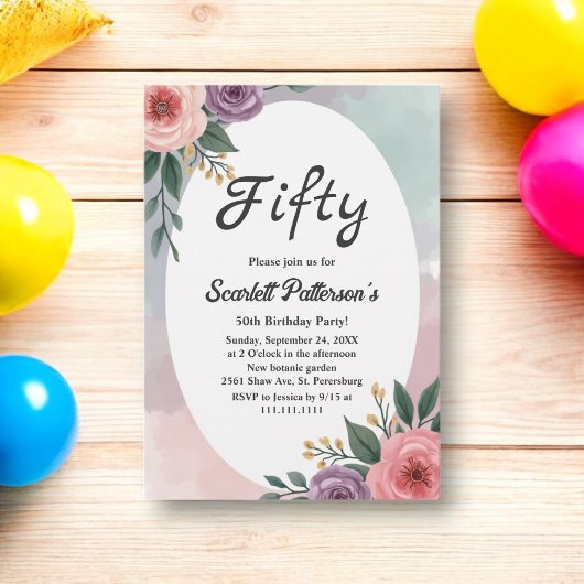 ロマンチックな素朴バラウォーターカラーフローラ誕生日 招待状