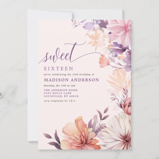 ロマンチックな紫とピンクのワイルドフラワースウィート16 招待状 (正面)