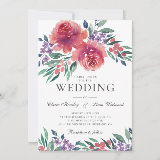 ロマンチックな紫とピンクの水結婚色の 招待状 (正面)