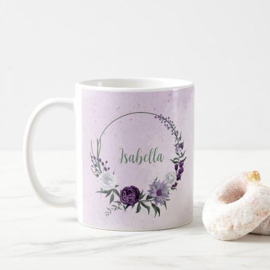 ロマンチックな紫と白の花 緑の葉 コーヒーマグカップ (ドーナツ)