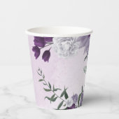 ロマンチックな紫と白の花 緑の葉 紙コップ (正面)