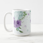 ロマンチックな紫と青の花と緑 コーヒーマグカップ (左)