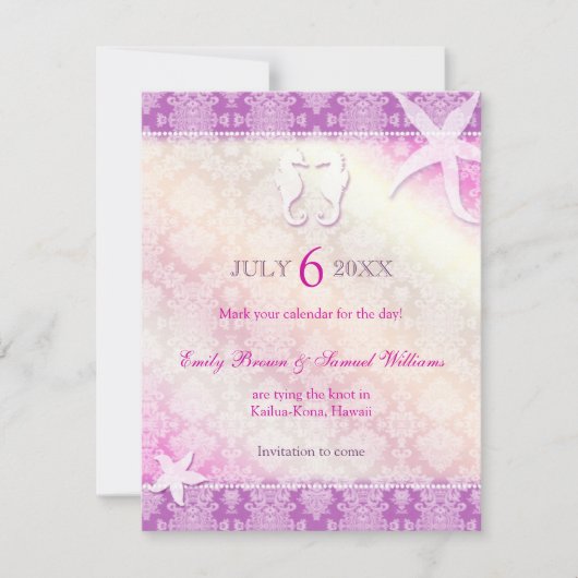 ロマンチックな紫のビーチ結婚式日付を保存 セーブザデート (正面)