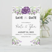 ロマンチックな紫のフローラと緑が日付を保存 招待状 (スタンド正面)