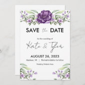 ロマンチックな紫のフローラと緑が日付を保存 招待状 (正面/裏面)