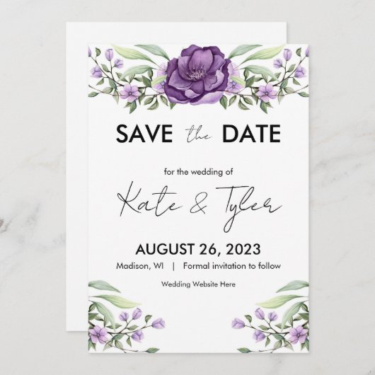 ロマンチックな紫のフローラと緑が日付を保存 招待状 (正面/裏面)