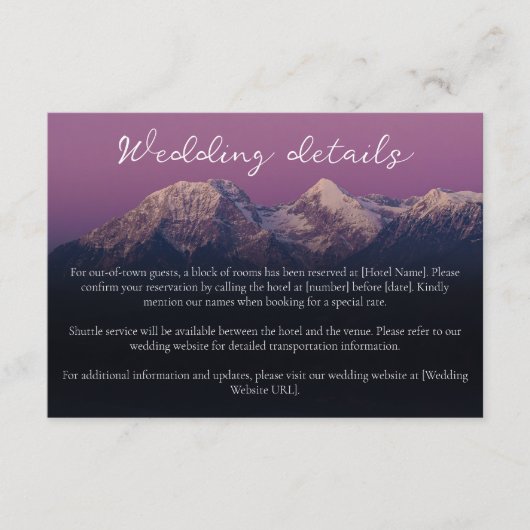 ロマンチックな紫の夕日の雪の結婚山々 エンクロージャーカード (正面)