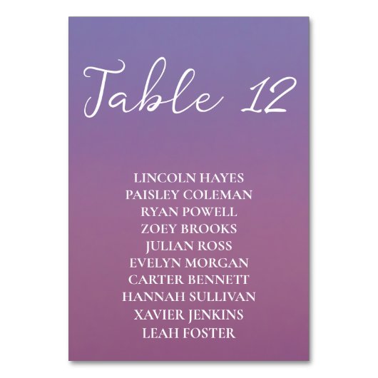 ロマンチックな紫の夕日の雪の結婚山々 テーブルナンバー (裏面)