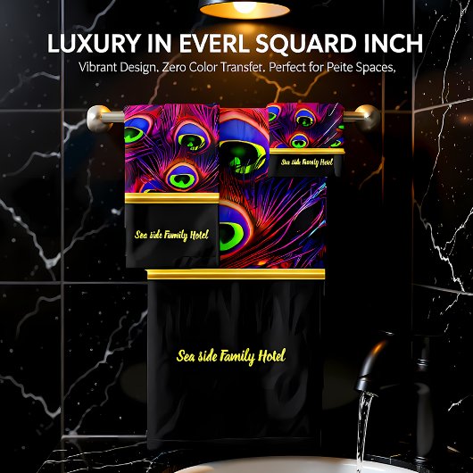 ロマンチックな紫の孔雀の羽の黒をパーソナライズ バスタオルセット