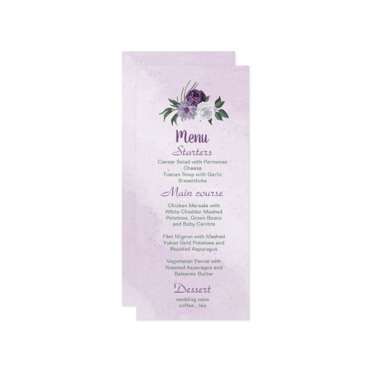 ロマンチックな紫の白い花の緑葉 メニュー (正面/裏面インサイチュ)