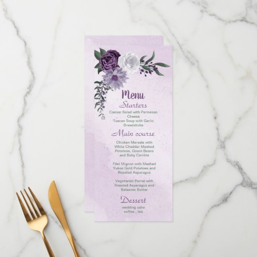 ロマンチックな紫の白い花の緑葉 メニュー (正面/裏面インサイチュ)