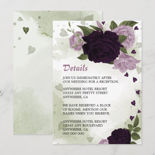 ロマンチックな紫の花と緑の葉のディテール エンクロージャーカード (正面/裏面)