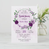 ロマンチックな紫の花と緑の葉のブライダルシャワー 招待状 (スタンド正面)