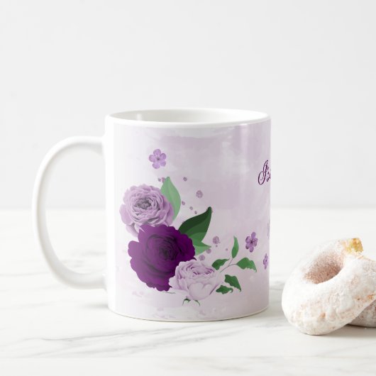 ロマンチックな紫の花と緑の葉 コーヒーマグカップ (ドーナツ)