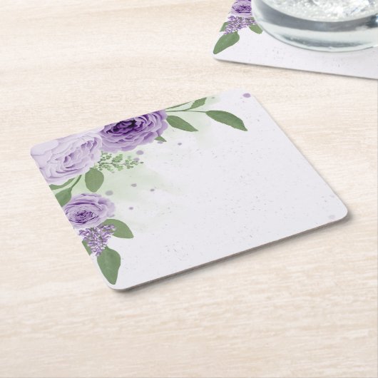 ロマンチックな紫の花の緑葉の植物植物 スクエアペーパーコースター (アングル)
