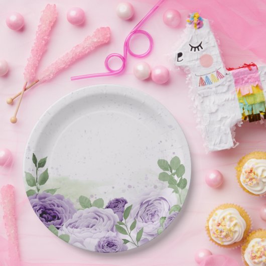 ロマンチックな紫の花の緑葉の植物植物 ペーパープレート (パーティー)