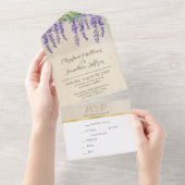 ロマンチックな紫の藤オンパーチ素朴メント オールインワン招待状 (貼ってはがせる)