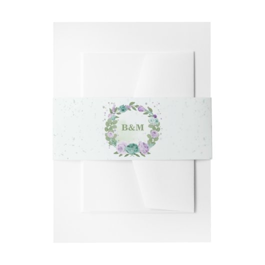 ロマンチックな紫の青い花の緑結婚色 招待状ベリーバンド (正面例)