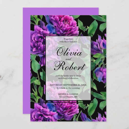 ロマンチックな紫色のマゼンタウォーター結婚カラー牡丹 招待状 (正面/裏面)