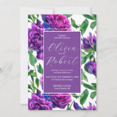 ロマンチックな紫色のマゼンタピンクの水彩絵のぼたん 招待状 (正面)