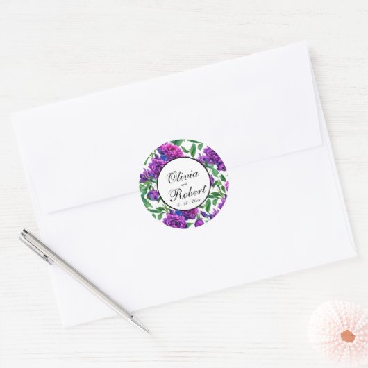 ロマンチックな紫色のマゼンタピンクの水彩絵の芍薬 ラウンドシール (封筒)