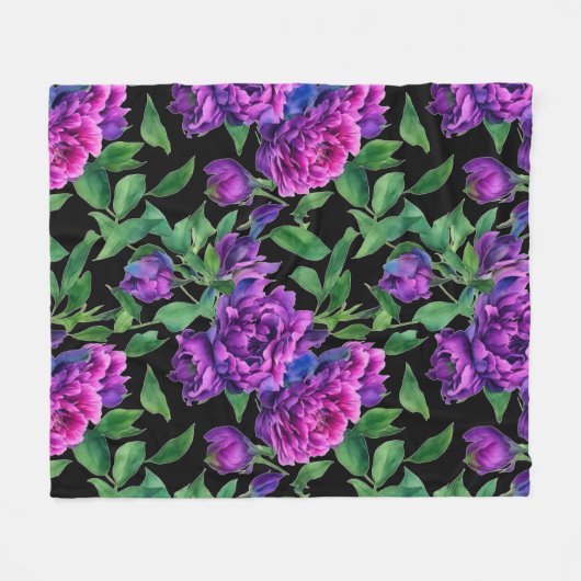 ロマンチックな紫色のマゼンタピンクの水色の牡丹 フリースブランケット (正面(横))