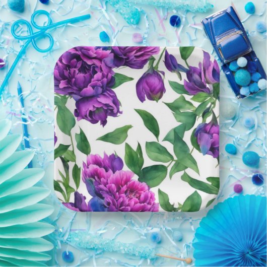 ロマンチックな紫色のマゼンタピンクの水色の牡丹 ペーパープレート (パーティー)