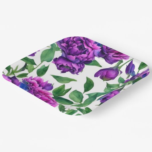 ロマンチックな紫色のマゼンタピンクの水色の牡丹 ペーパープレート (傾斜あり)