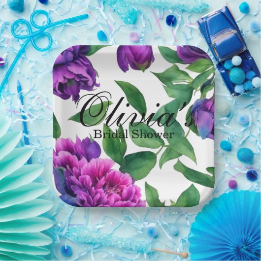 ロマンチックな紫色のマゼンタピンクの水色の牡丹 ペーパープレート (パーティー)