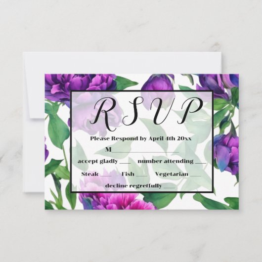 ロマンチックな紫色のマゼンタピンクの水色の牡丹 出欠カード (正面)