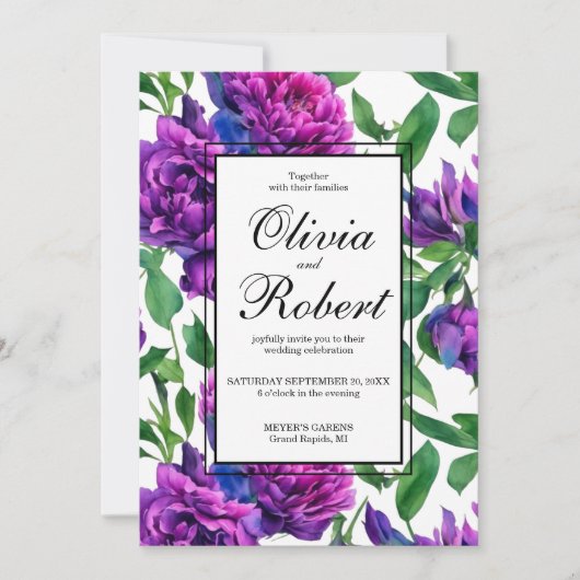 ロマンチックな紫色のマゼンタピンクの牡丹結婚の花 招待状 (正面)