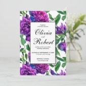 ロマンチックな紫色のマゼンタピンクの牡丹結婚の花 招待状 (スタンド正面)