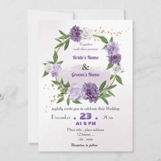 ロマンチックな紫色の花の植物性結婚リース 招待状 (正面)