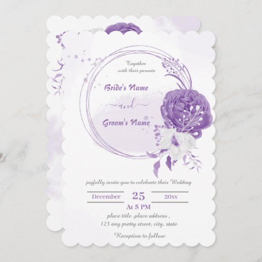 ロマンチックな紫色の花の牡丹結婚リース 招待状 (正面/裏面)