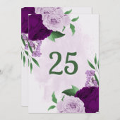 ロマンチックな紫色の花の緑のテーブル番号カード 招待状 (正面/裏面)
