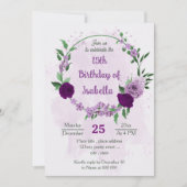 ロマンチックな紫色の花の緑の誕生日 招待状 (正面)