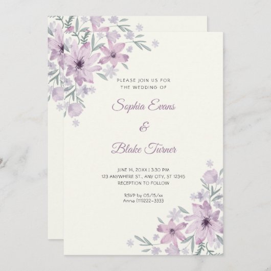 ロマンチックな紫色の花フローラホワイトクリ結婚ーム 招待状 (正面/裏面)