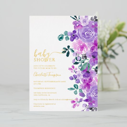 ロマンチックな紫色の花ラベンダーの赤ちゃんシャワー 箔招待状 (立ち正面)