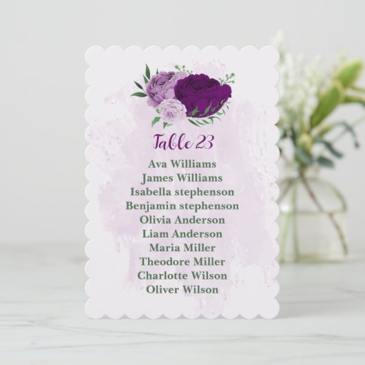 ロマンチックな紫色の花席表カード 招待状 (スタンド正面)