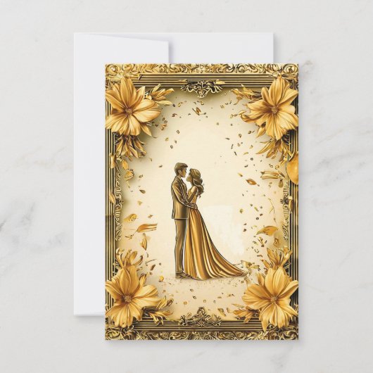 ロマンチックな結婚式のカップルの優雅な金の芸術作品 招待状 (正面)