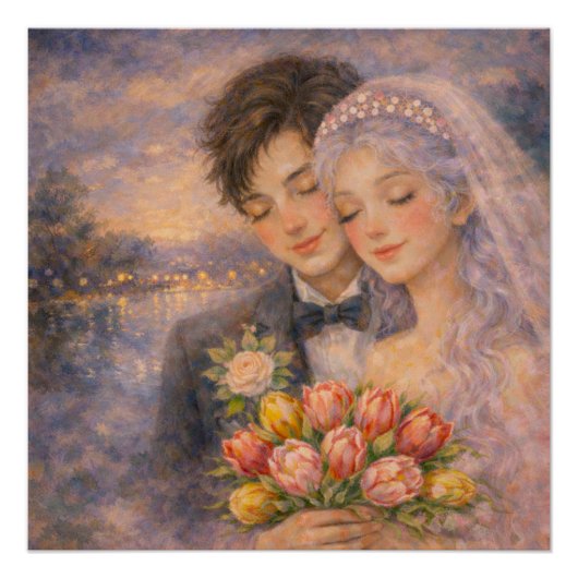 ロマンチックな結婚式のカップルイラスト ポスター (正面)