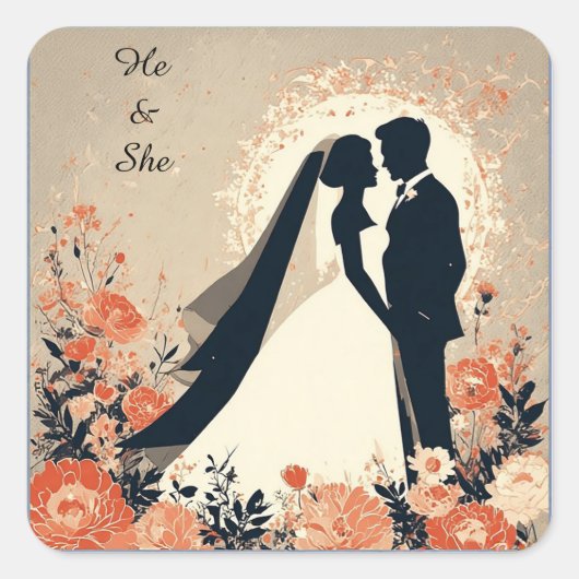 ロマンチックな結婚式のカップル スクエアシール (正面)