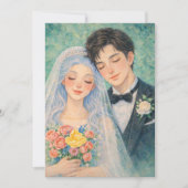 ロマンチックな結婚式のカップル 水彩画イラスト 招待状 (正面)