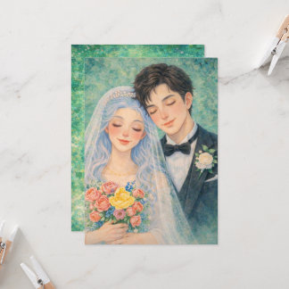 ロマンチックな結婚式のカップル 水彩画イラスト 招待状