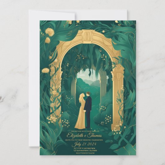 ロマンチックな結婚式招待状エメラルドグリーンと金ゴールド 招待状 (正面)