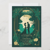 ロマンチックな結婚式招待状グリーンエメラルドと金ゴールド 招待状 (正面)