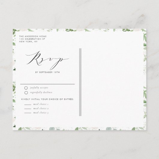 ロマンチックな緑と白結婚い花 インビテーションポストカード (裏面)