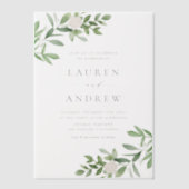 ロマンチックな緑と白結婚い花 ベラム紙招待状 (正面)