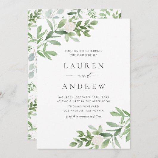 ロマンチックな緑と白結婚い花 招待状 (正面/裏面)